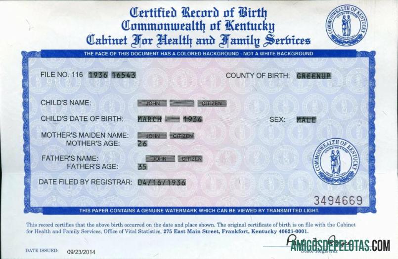 Certidão de nascimento da Comunidade de Kentucky dos Estados Unidos exemplo real